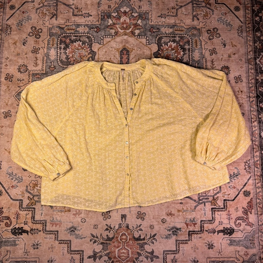 Free People Yellow Eyelet Cotton Button Front Blouse Oversized Boho Top Large